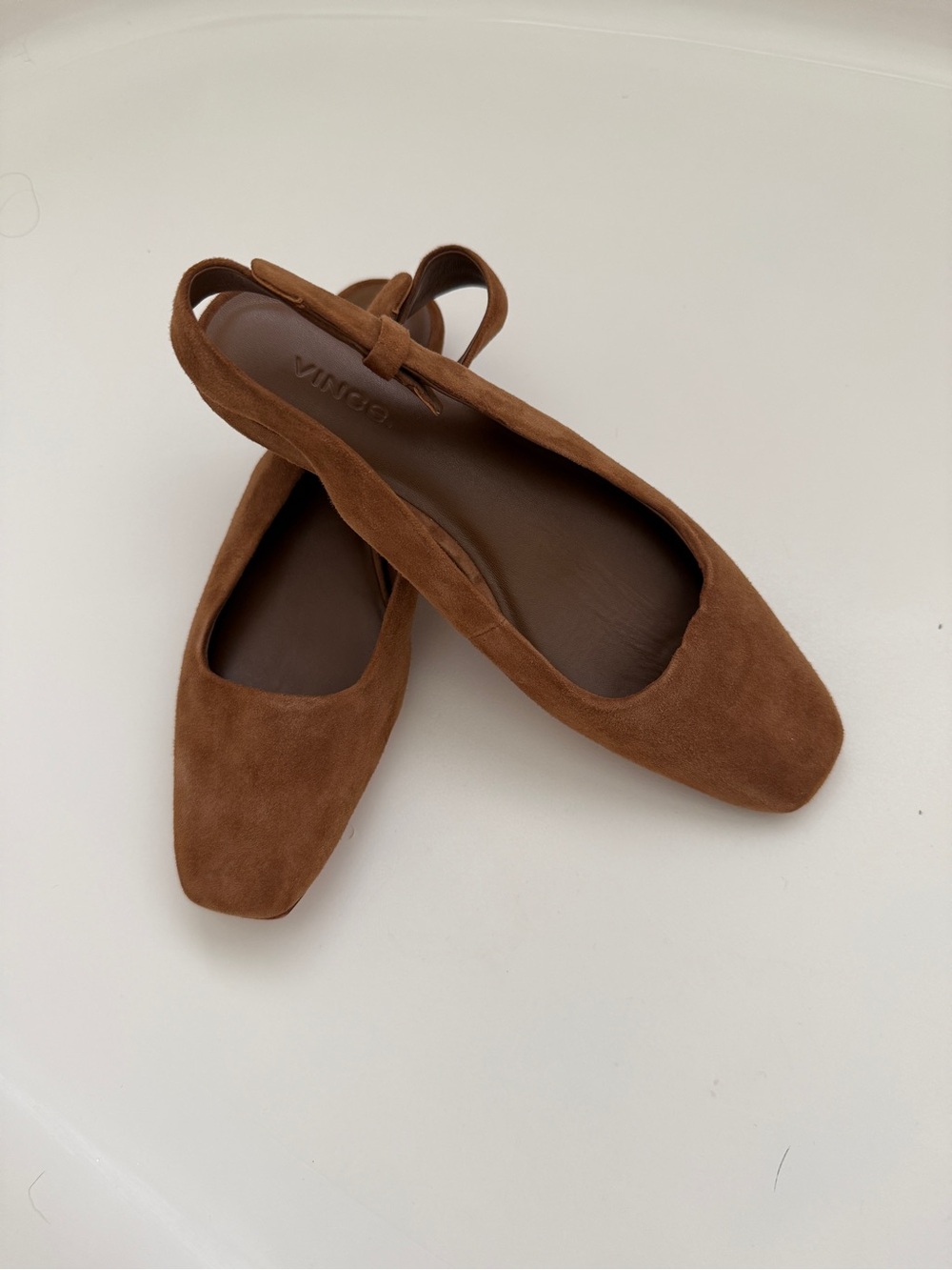 Vince Suede Square-Toe Slingback Flats in Brown